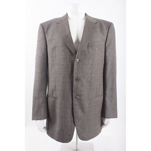 Armani Collezioni Mens Suit Jacket Sport Coat 44L Gray Black Plaid Wool Silk NWT
